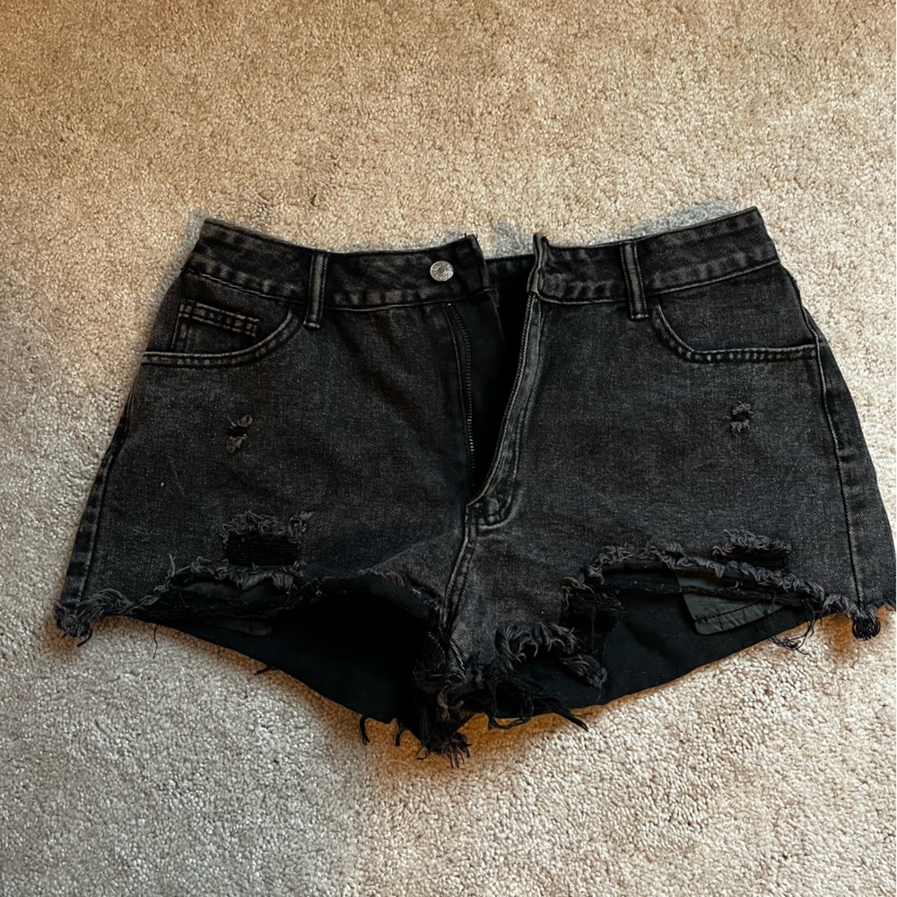 Distressed Black Denim Shorts
